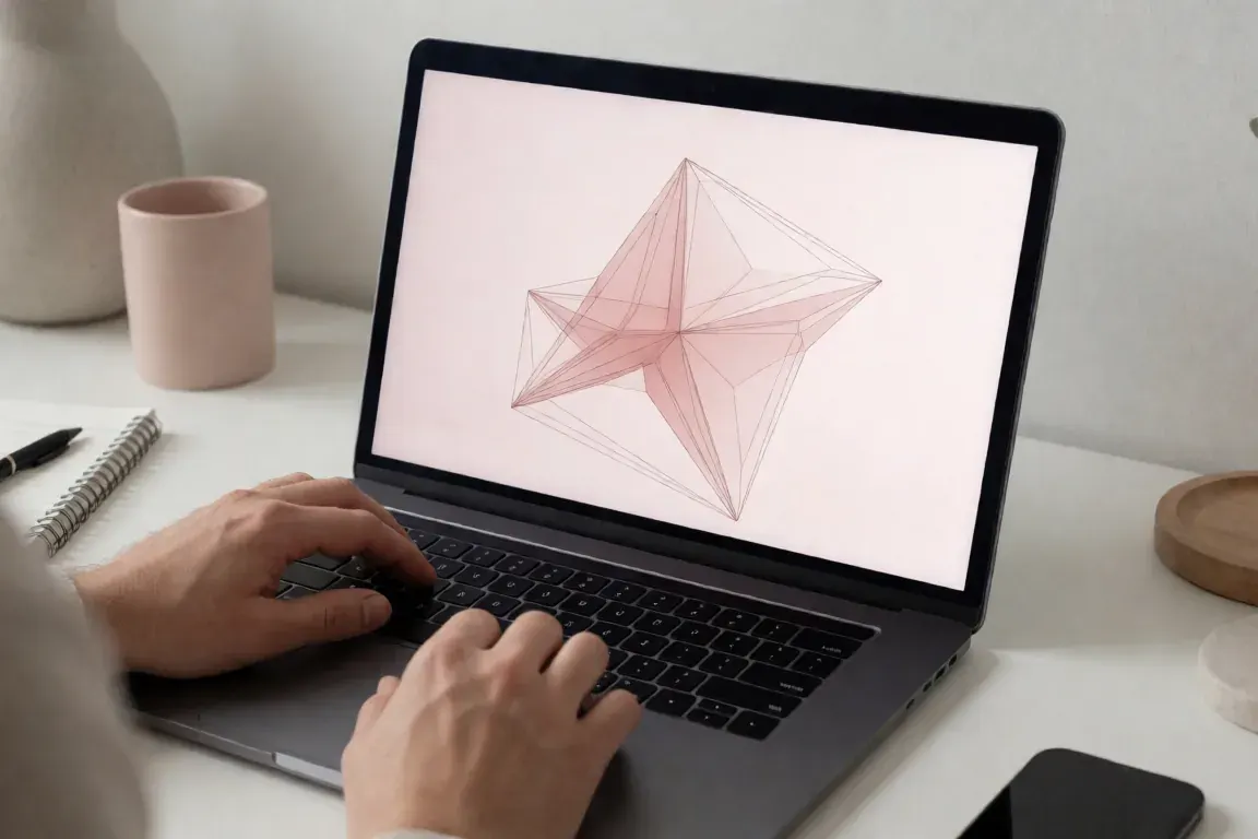 Ordinateur portable et mains au travail sur une composition graphique rose