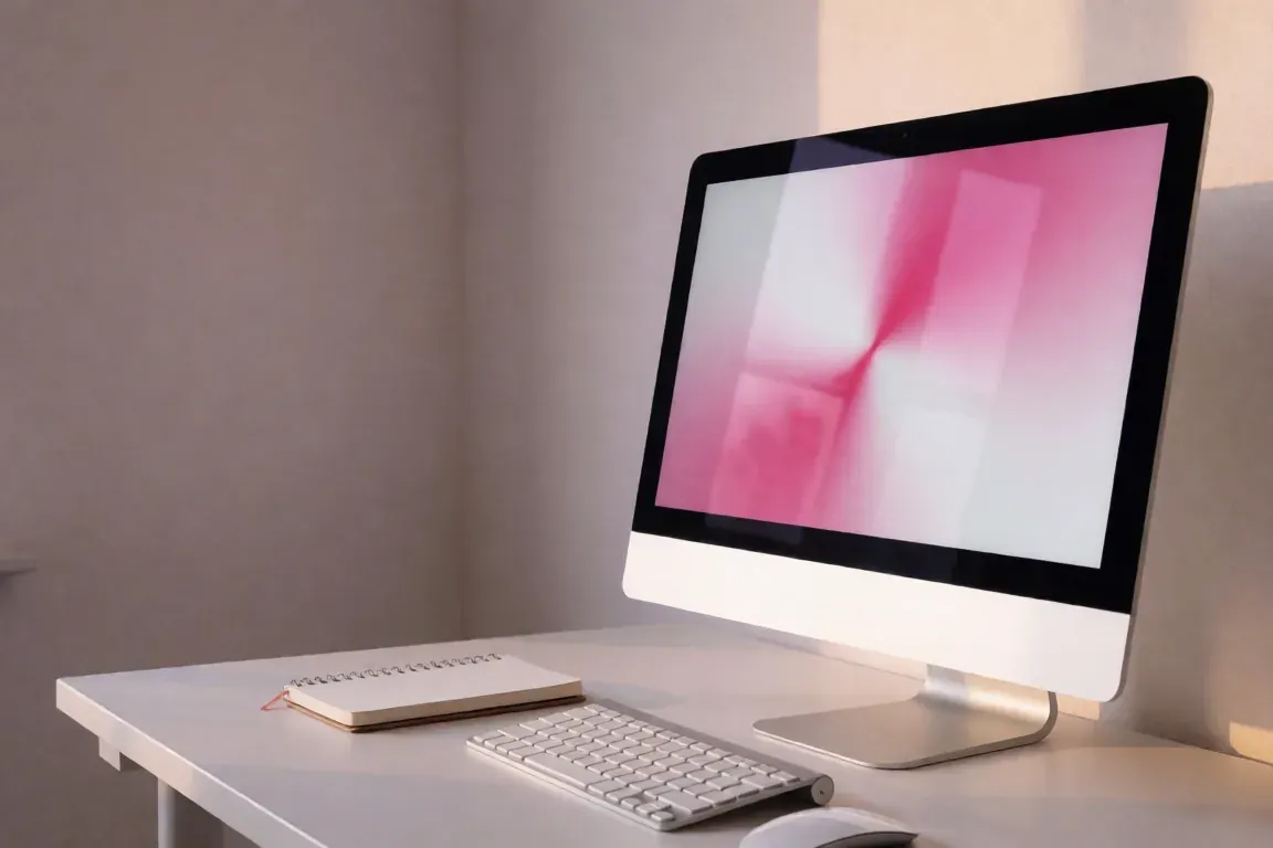 Bureau de création web lumineux avec écran rose abstrait
